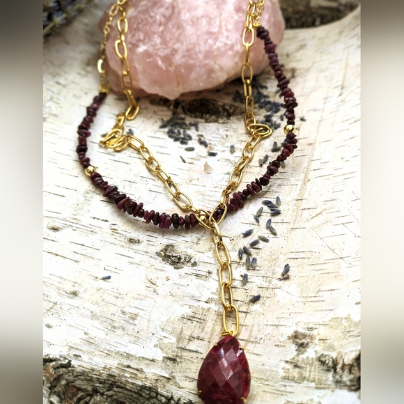 Natural Ruby Chips In 2-Strand Paperclip Necklace W/ Genuine Ruby Pendant - Picture 10 of 12